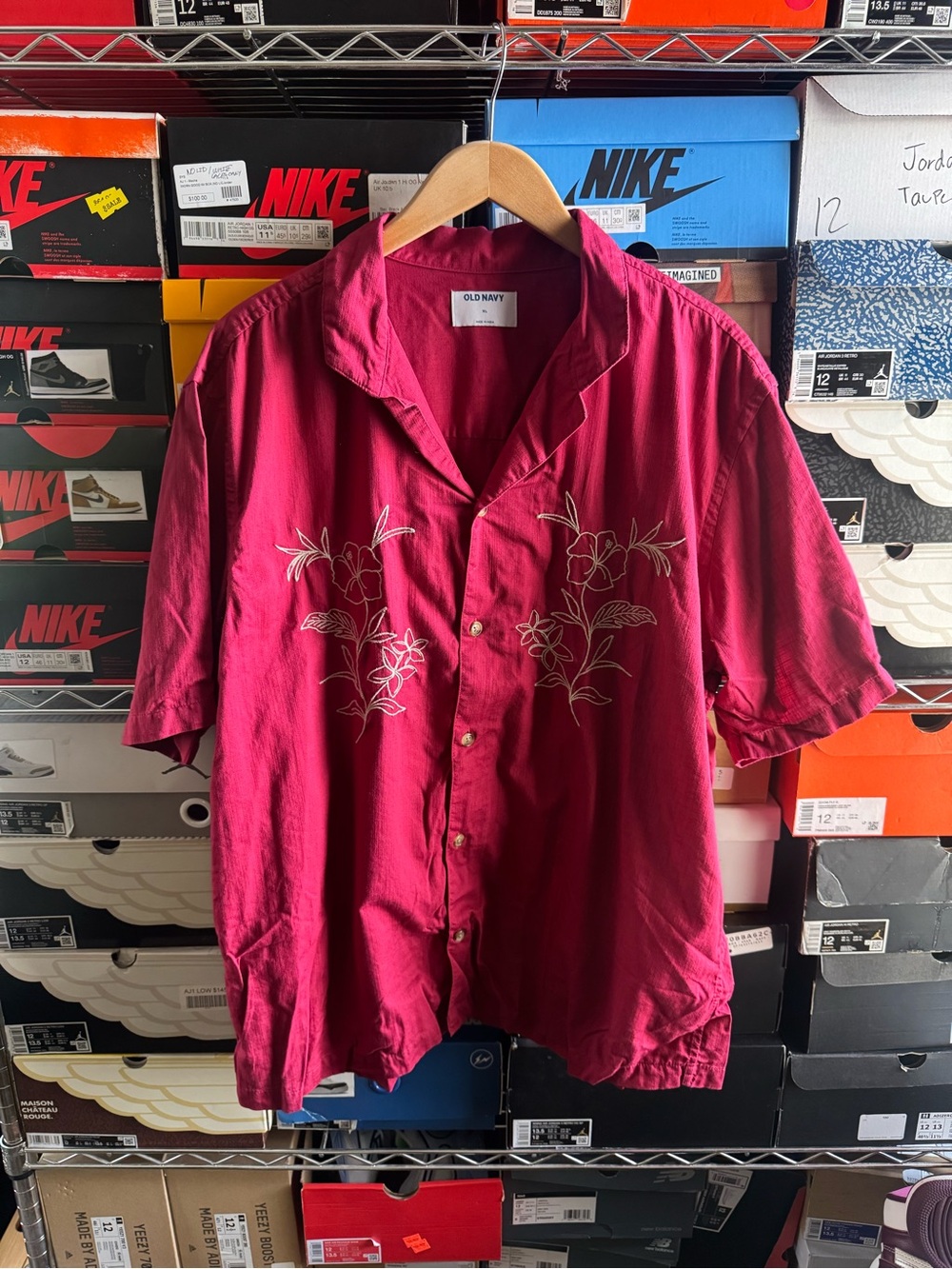 Old Navy Burgundy Camp Shirt with White Floral Embroidery
